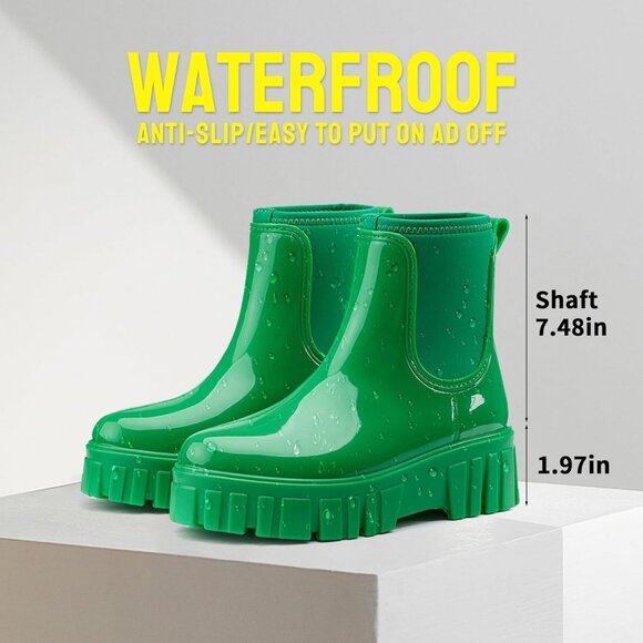 Women's Green Ankle Boots Waterproof Platform Rubber Chelsea Comfortable Shoes - Picture 6 of 6